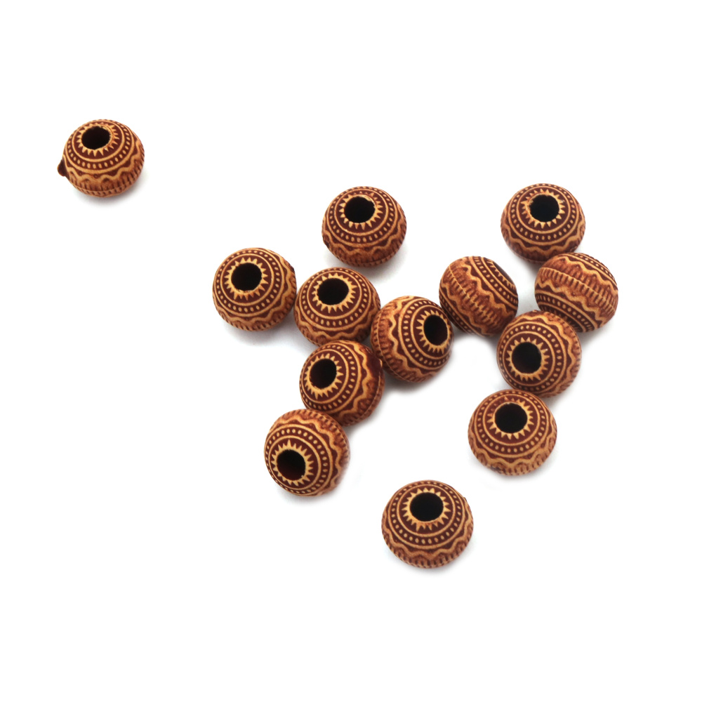 Plastic Ball with Antique Ethnic Ornaments, 11x9 mm, Hole: 4 mm, Brown -50 grams ~ 65 pieces