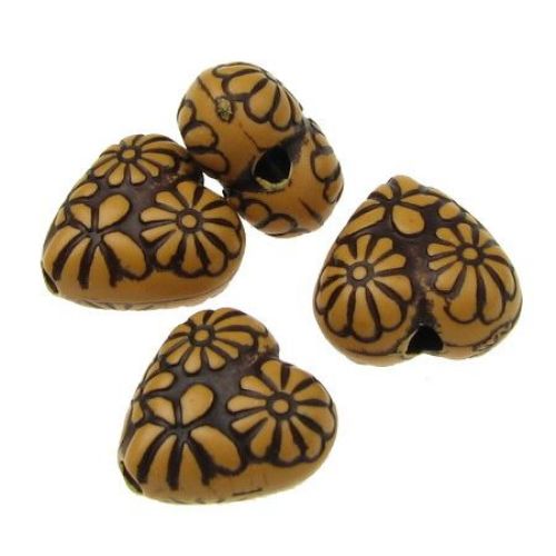 Antique acrylic heart  bead 13x12x7 mm hole 2 mm brown - 50 grams ~ 60 pieces