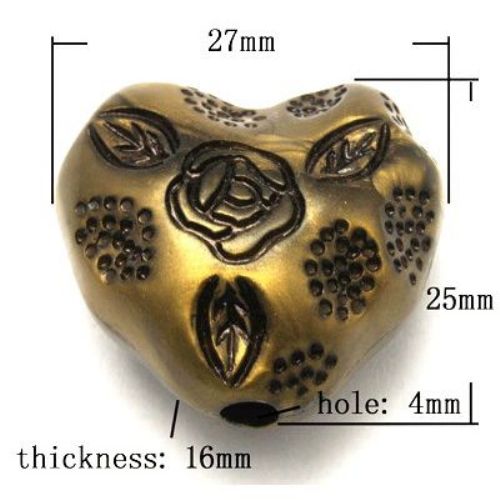 Antique Plastic Heart Bead for DIY Accessories, 27x25x16 mm, Hole: 4 mm, Antique Bronze -50 grams ~ 8 pieces