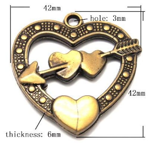 Plastic Heart Pendant, Antique Bronze Imitation, 42x42x6 mm, Hole: 3 mm -53 grams ~ 16 pieces