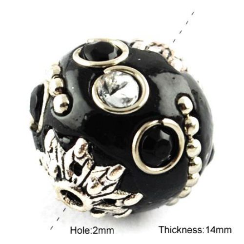 INDONESIA Bead / Polymer Clay Ball with Metal Core and Elements, 15x14x14 mm hole 2 mm black