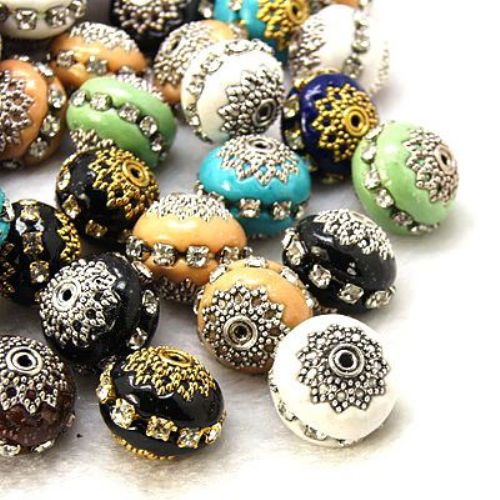 INDONESIA Bead / Polymer Clay Ball with Metal Core and Tiny Crystals, 15x14 mm, Hole: 2 mm, ASSORTED