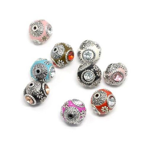 INDONESIA Bead / Polymer Clay Ball with Metal Core and Decoration, 15 ~ 16x15 mm, Hole: 2 mm, ASSORTED