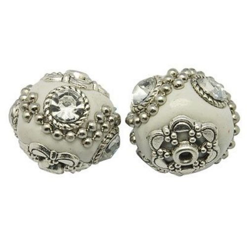 INDONESIA Bead / Polymer Clay Ball with Metal Core and Decoration, 20 mm, Hole: 2 mm, White