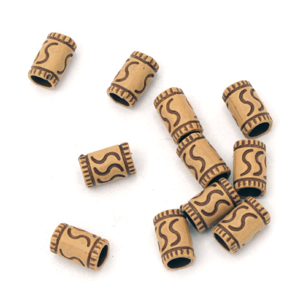 Plastic Antique Cylinder Bead for DIY Art, 11x7 mm, Hole: 4.5 mm, Brown -50 grams ~ 230 pieces