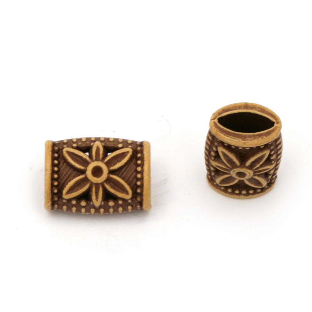 Antique acrylic cylinder bead with flower 20x15x11 mm hole 10x5 mm color brown - 50 grams ± 45 pieces