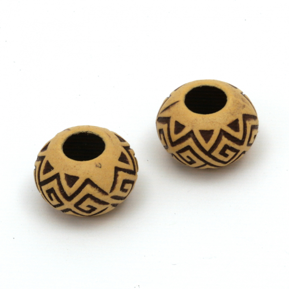 Plastic Round Bead with Ethnic Ornaments, 16x10 mm, Hole: 7 mm, Brown -50 grams ~ 30 pieces