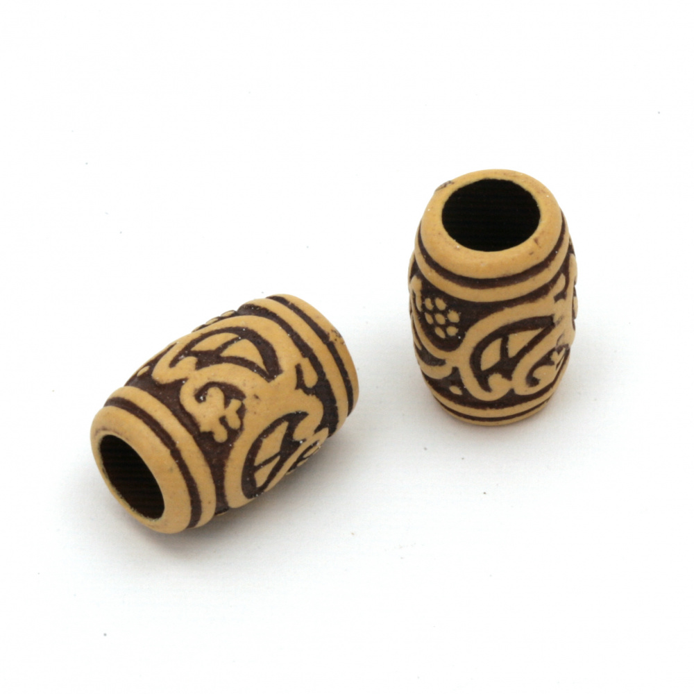 Antique Cylinder Bead with Ethnic Ornaments, 15x10 mm, Hole: 6 mm, Brown -50 grams ~ 68 pieces