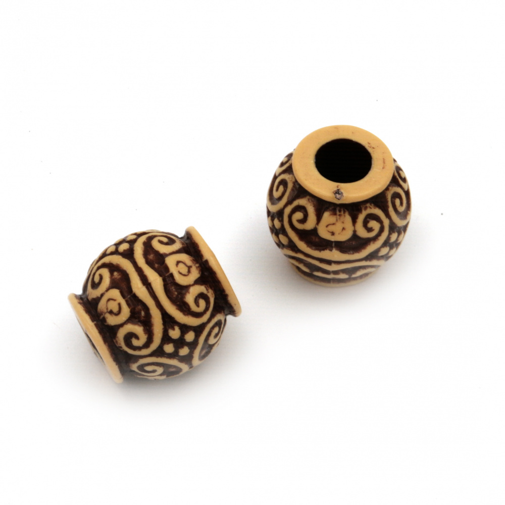 Plastic Round Bead with Antique Ornaments, 15x15 mm, Hole: 6 mm, Brown -50 grams ~ 29 pieces