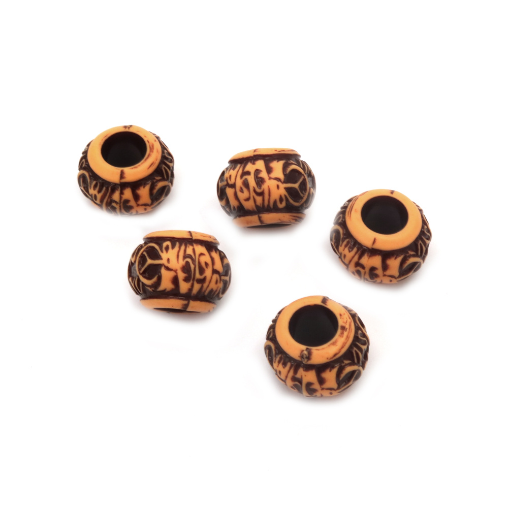 Acrylic Engraved Bead ANTIQUE / 14.5x11.5 mm, Hole: 6 mm / Brown - 50 grams ~ 41 pieces