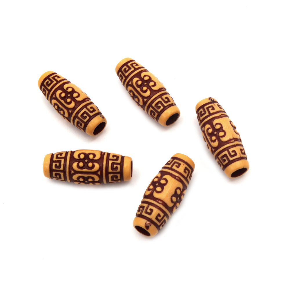 Engraved Tube Bead ANTIQUE / 30x12 mm, Hole: 5.5 mm / Brown - 50 grams ~ 25 pieces
