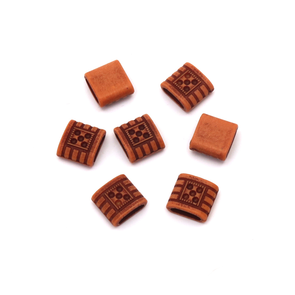 Engraved Square Bead ANTIQUE / 15x10 mm, Hole: 8x3 mm / Brown - 50 grams ~ 90 pieces