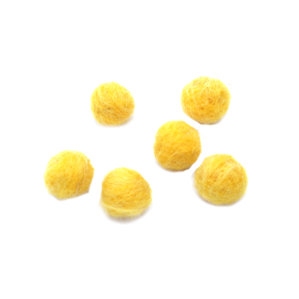 Hand-Felted Wool Felt Ball, 15 mm, Yellow - 6 Pieces