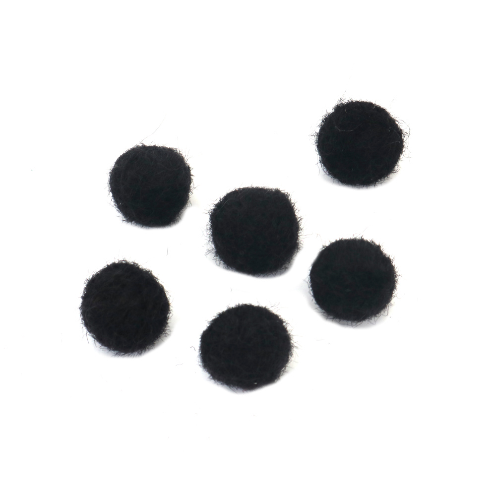 Wool Felt Ball, Hand-Felted, 15 mm, Black - 6 Pieces