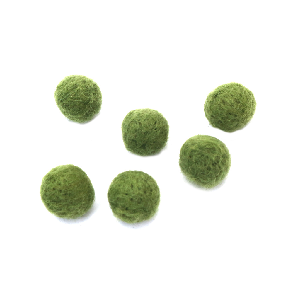 Wool Felt Ball, Hand-Felted, 15 mm, Grassy Green - 6 Pieces