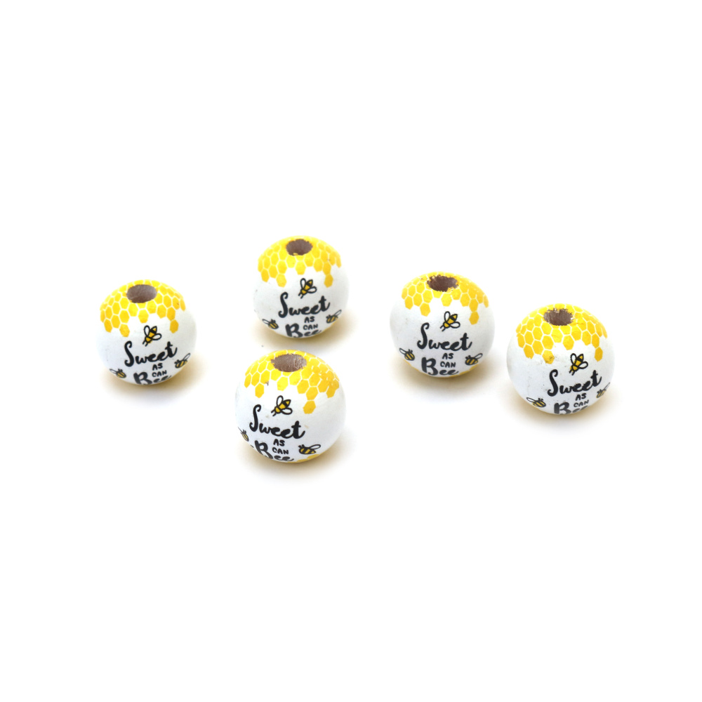 Mărgele de lemn Albină dulce ca poate 15x16 mm gaură 4 mm culoare alb și galben - 10 bucăți