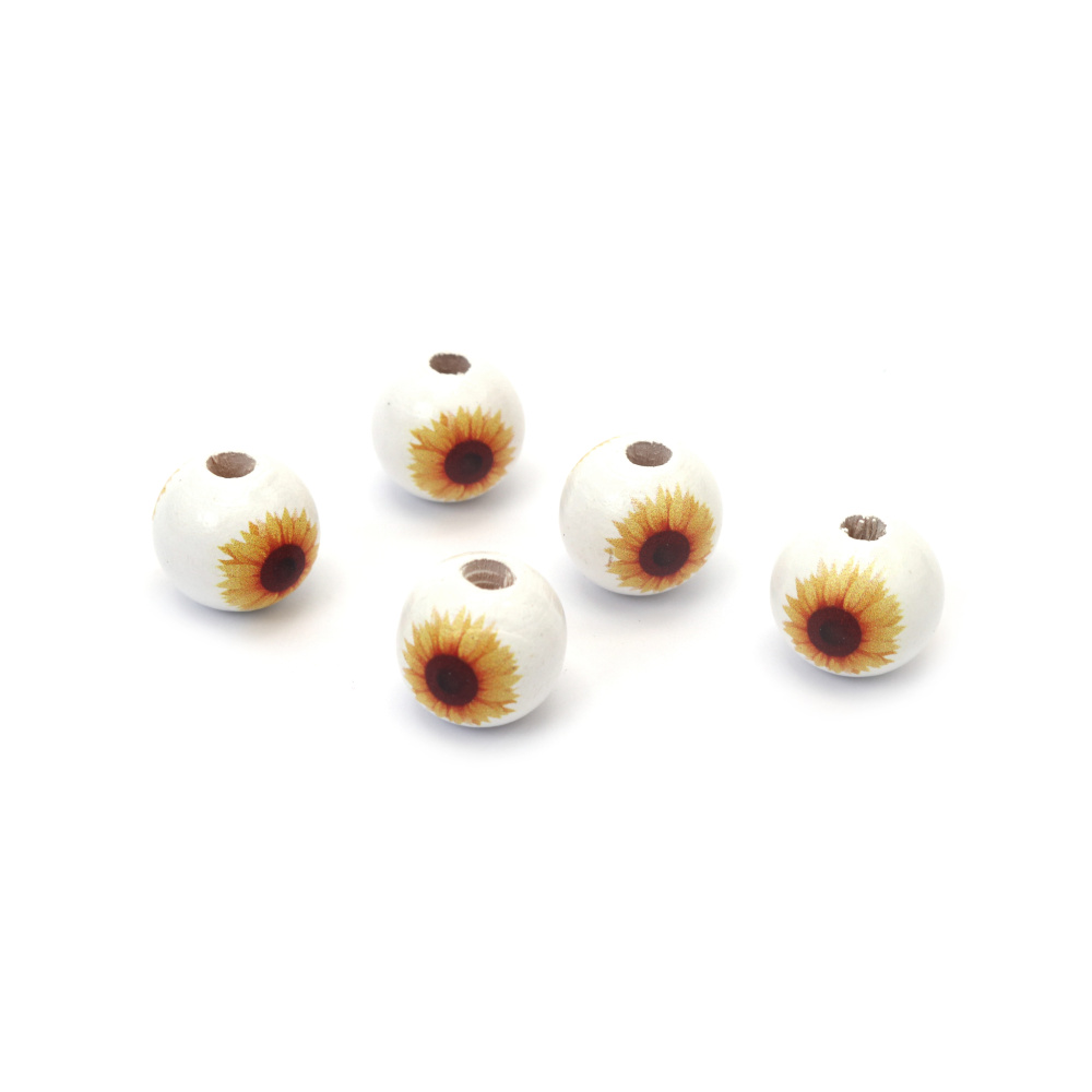 Mărgele de lemn floarea-soarelui 15x16 mm gaură 4 mm culoare alb - 10 bucăți