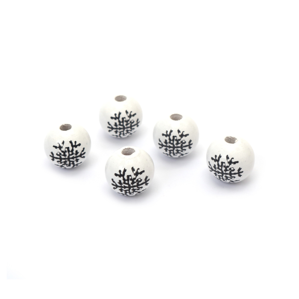 Bilă de mărgele din lemn cu fulg de nea negru 15x16 mm gaură 4 mm culoare alb - 10 bucăți
