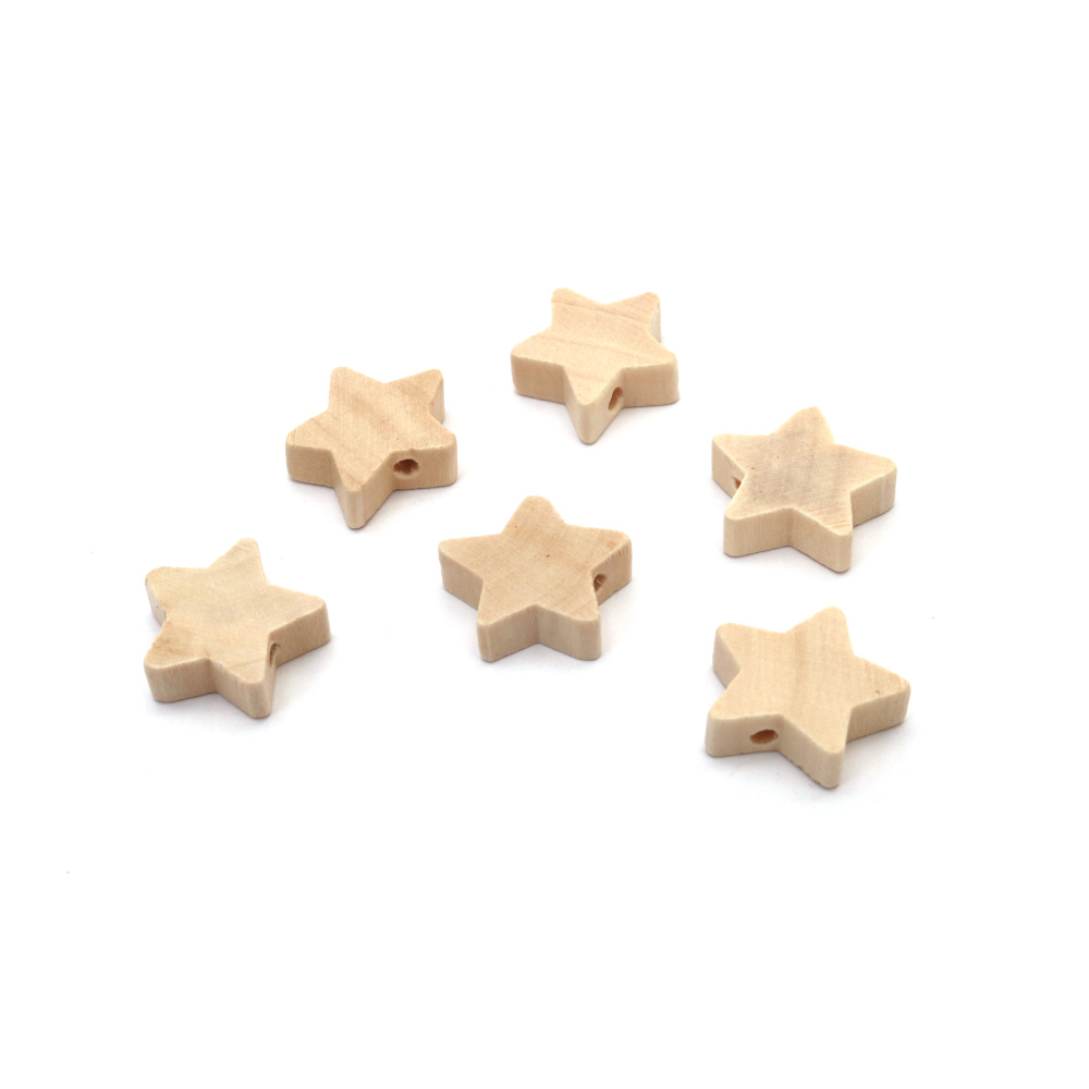 Wooden Star Shaped Beads 20x19x6 mm, Hole: 2.5 mm, Natural Color with Varnish - 20 pieces
