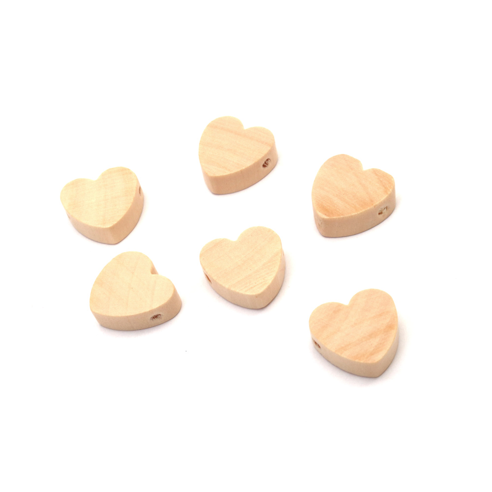 Wooden Heart Shaped Beads 17x17x6 mm, Hole: 2 mm, Natural Color with Varnish - 20 pieces