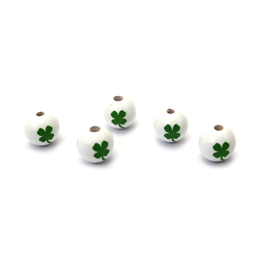 Round Wooden Beads with Green Clover / 15x16 mm, Hole: 4 mm,  White - 10 pieces