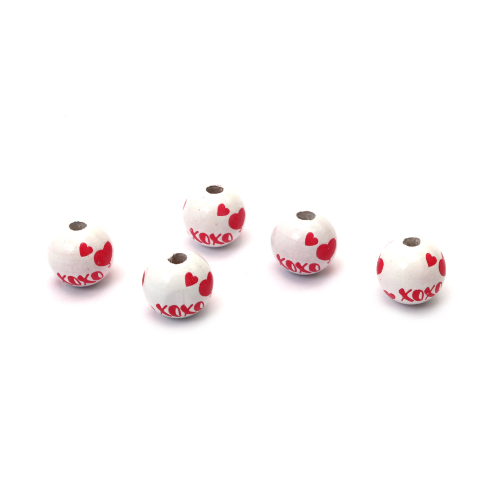 Round Wooden Beads with Inscription and Hearts / 15x16 mm,  Hole: 4 mm, White and Red - 10 pieces