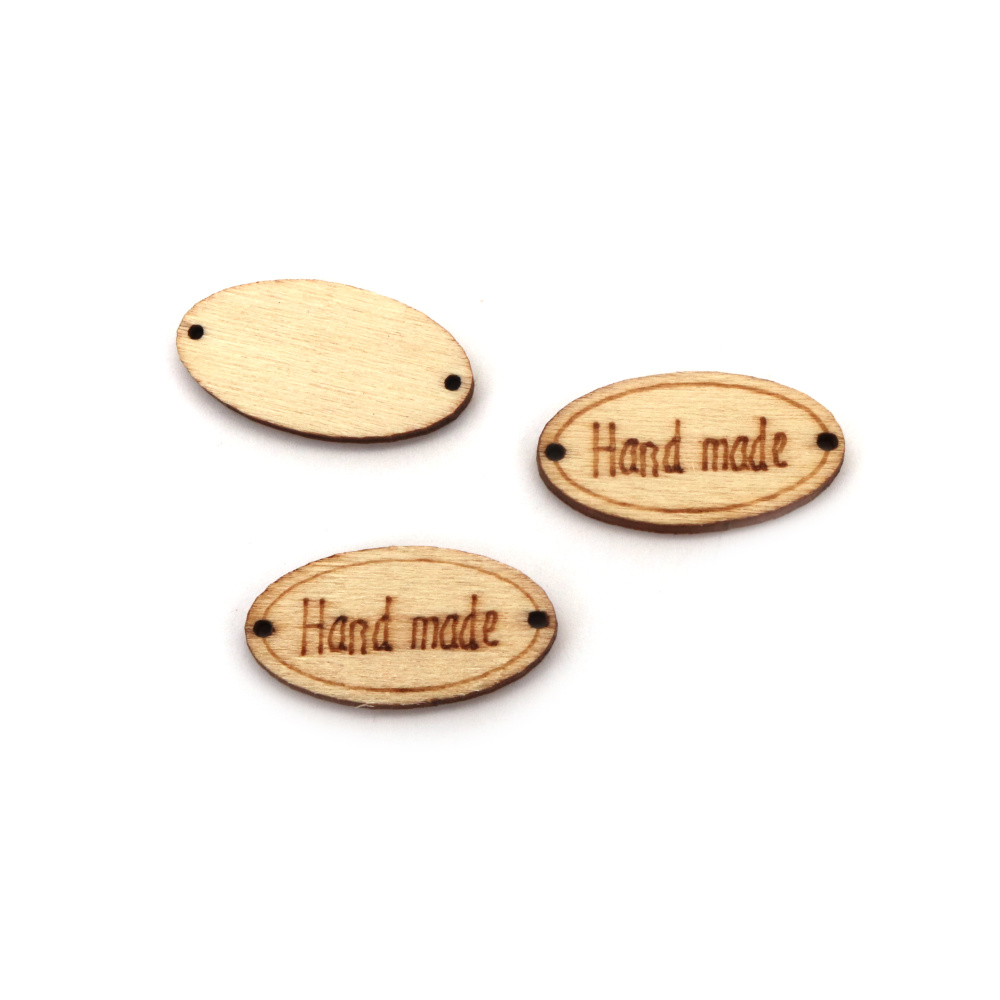 Conector din lemn oval 27x14x2.5 mm gaură 1 mm cu inscripție lucrat manual, culoare lemn - 10 bucăți