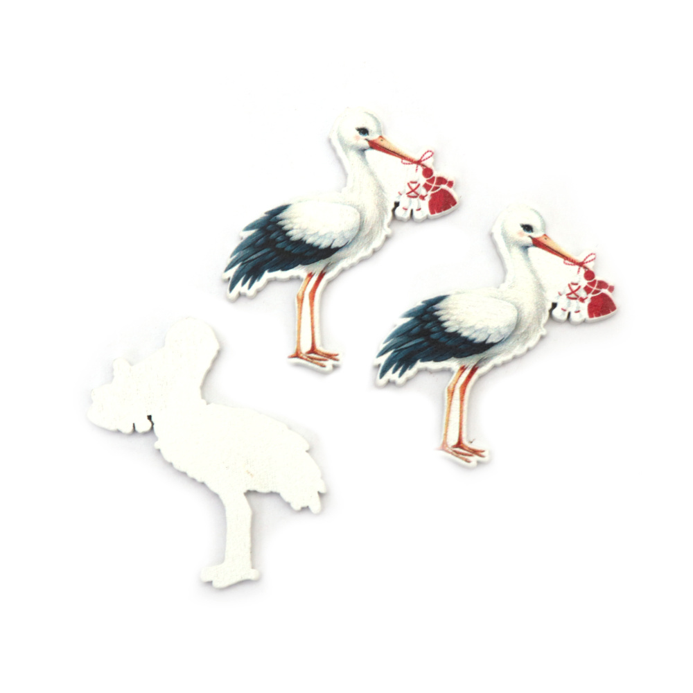 Wooden Stork Figurines with Martenitsa – 42x46x2 mm – Pack of 10 Pieces