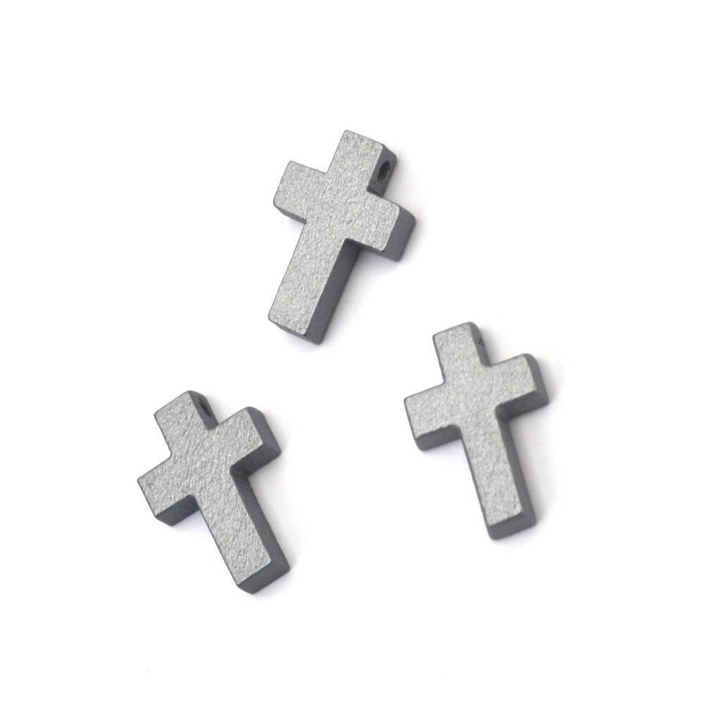 Σταυρός, ξύλινο κρεμαστό 14x22x4 mm τρύπα 2 mm χρώμα ασημί - 10 τεμάχια