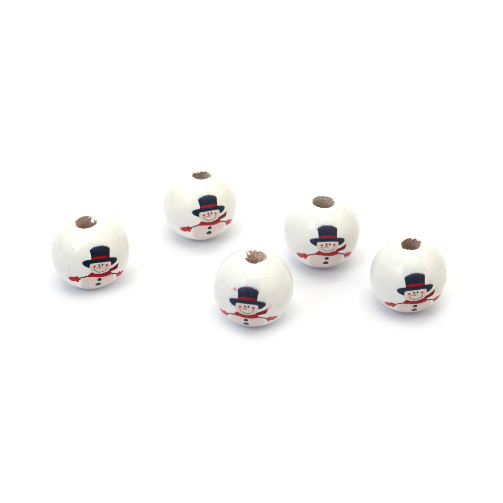 Wooden Ball-Shaped Bead with Snowman / 15x16 mm, Hole: 4 mm, White - 10 pieces