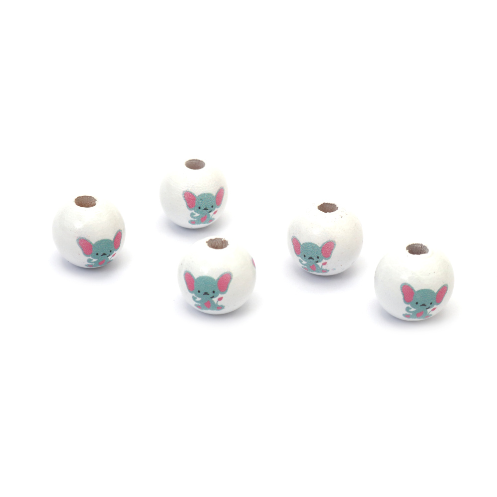 Bilă de mărgele din lemn cu elefant 15x16 mm gaură 4 mm culoare alb - 10 bucăți