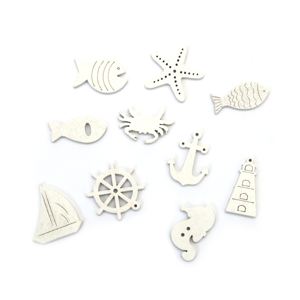 Figurină din lemn cu motive marine 16~30x14~30x2.5 mm forme și dimensiuni asortate culoare alb - 10 bucăți