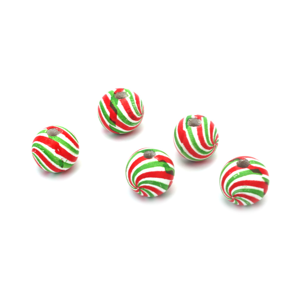 Round Wooden Bead 15x16 mm,  Hole: 4 mm, White, Green, Red - 10 pieces
