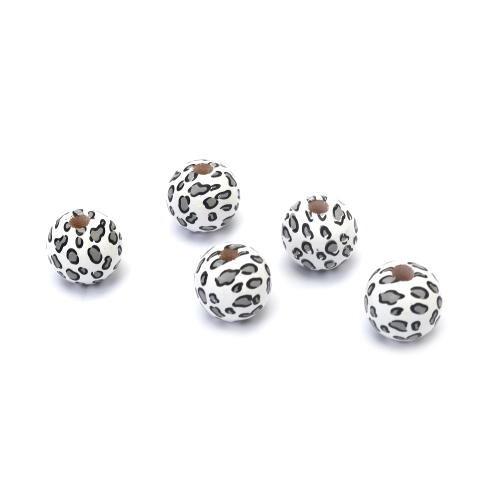 Round Wooden Bead with Leopard Motif 15x16 mm, Hole: 4 mm, White with Gray - 10 pieces