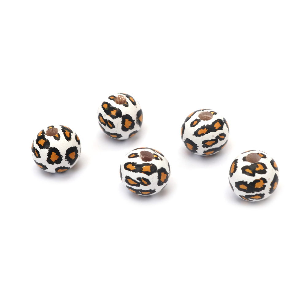 Round Wooden Bead with Leopard Motif 15x16 mm, Hole: 4 mm, White with Orange - 10 pieces