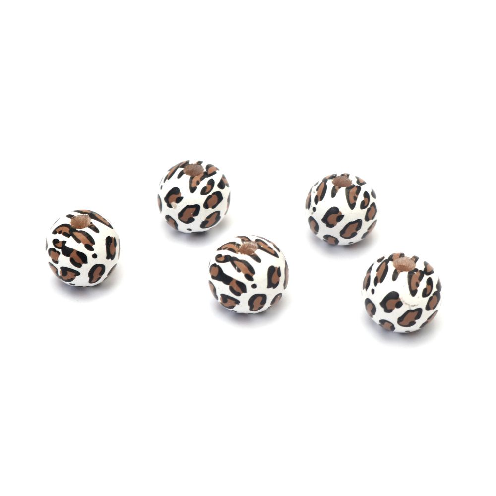 Round Wooden Bead with Leopard Motif 15x16 mm, Hole: 4 mm, White with Brown - 10 pieces