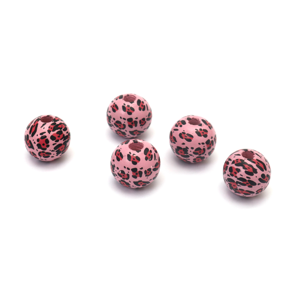 Round Wooden Bead with Leopard Motif 15x16 mm, Hole: 4 mm, Pink - 10 pieces