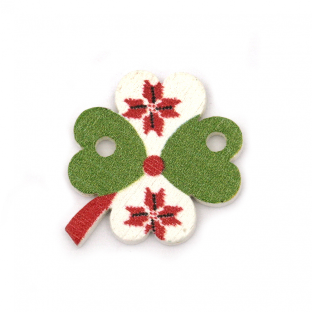 Wooden Link Tile, Clover with printed EMBROIDERY / 22x18x1.8 mm, Holes: 2 mm - 10 pieces