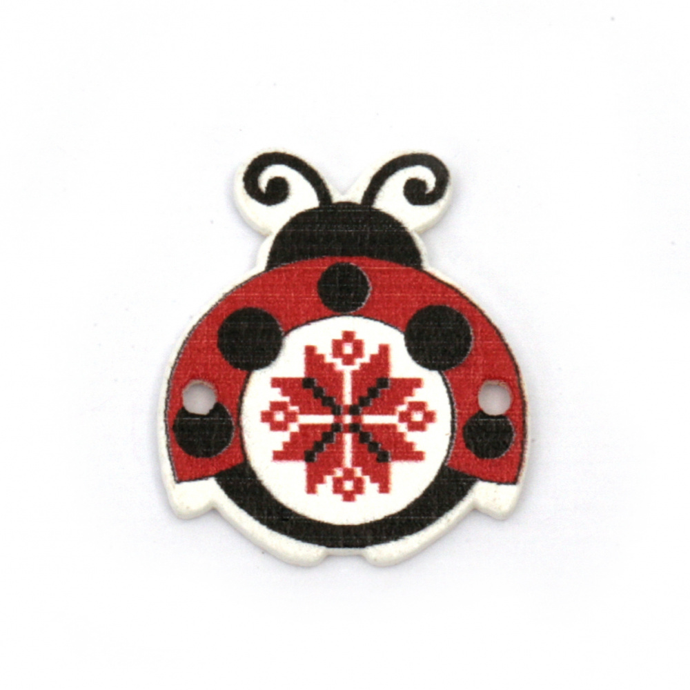 Wooden Printed Connector, Ladybug with EMBROIDERY /  21x24x2 mm, Holes: 2 mm - 10 pieces