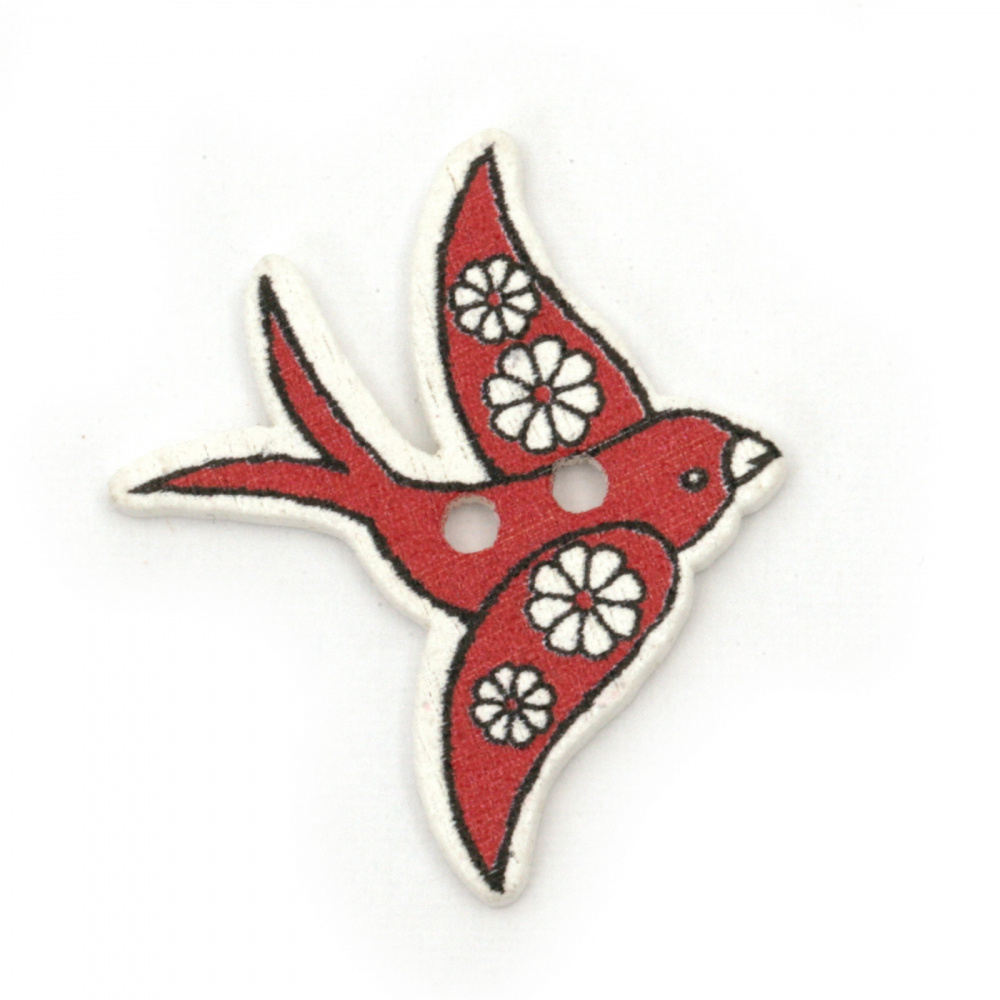 Printed Wooden Swallow Button, 20x23x2 mm, Hole: 2 mm, Red -10 pieces