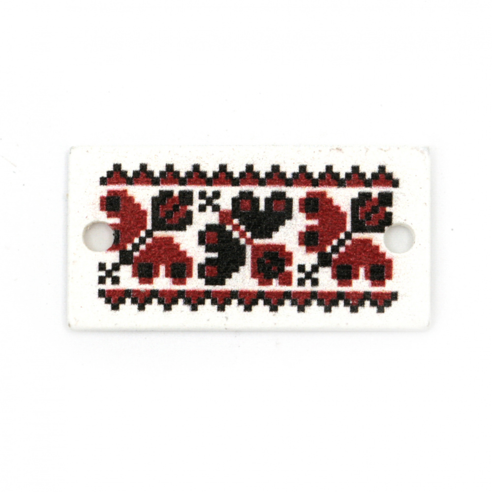Rectangular Wooden Tile with Print of EMBROIDERY / 33x17x2 mm, Holes: 2 mm - 10 pieces
