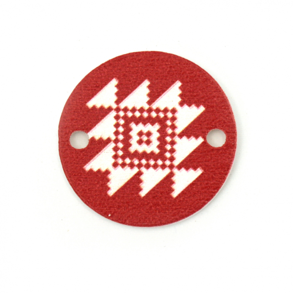 Round Wooden Link Element with Print of EMBROIDERY / 24x2 mm,  Holes: 2 mm - 10 pieces