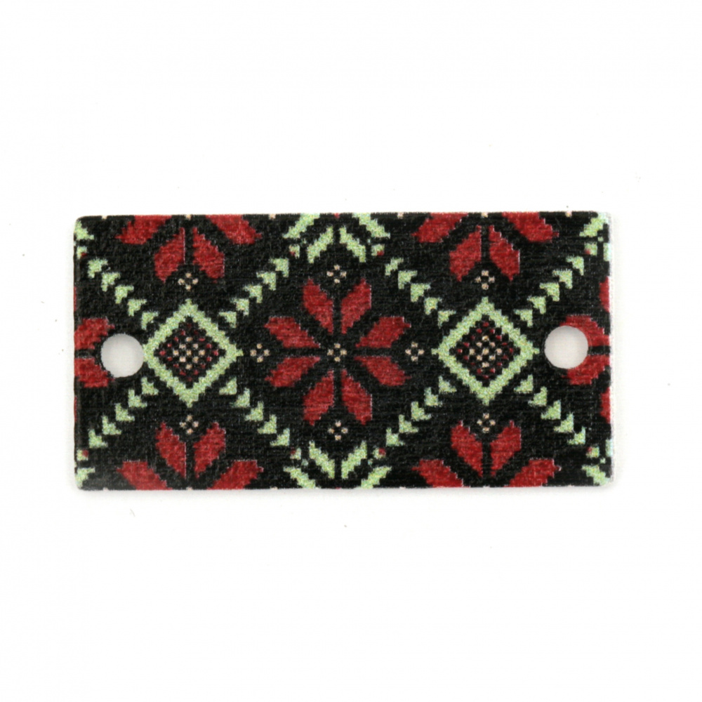 Wooden Connecting Rectangular Tile with EMBROIDERY / 33x17x2 mm, Holes: 2 mm - 10 pieces