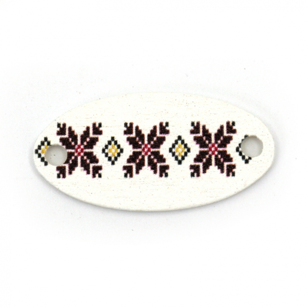 Wooden Oval Connector with Print of EMBROIDERY / 30x15x2 mm,  Holes: 2 mm - 10 pieces