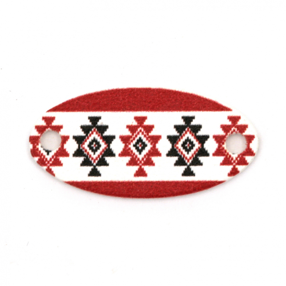 Wooden Oval Connecting Tile printed with EMBROIDERY / 30x15x2 mm, Holes: 2 mm - 10 pieces