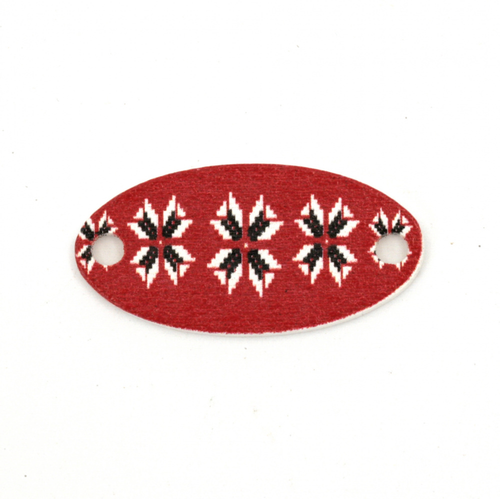 Wooden Connecting Element, Oval with Print of EMBROIDERY / 30x15x2 mm, Holes: 2 mm - 10 pieces