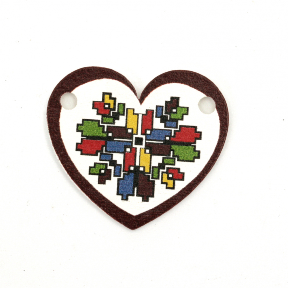 Wooden Heart-shaped Connector with EMBROIDERY / 28x25x2 mm,  Holes: 2 mm - 10 pieces