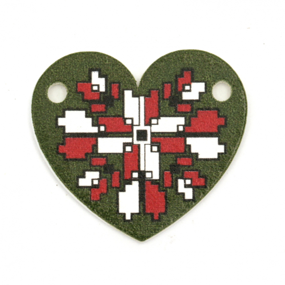 Printed Wooden Heart-shaped Tile with Print of EMBROIDERY /  28x25x2 mm, Holes: 2 mm - 10 pieces