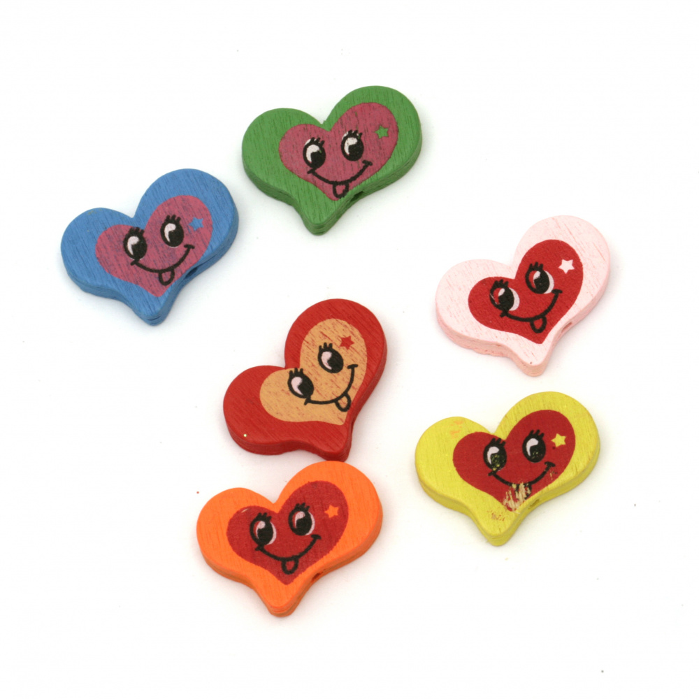 Happy Face Wooden Heart Bead for DIY Children Accessories, 20x27x5 mm, Hole: 2 mm, MIX -10 pieces