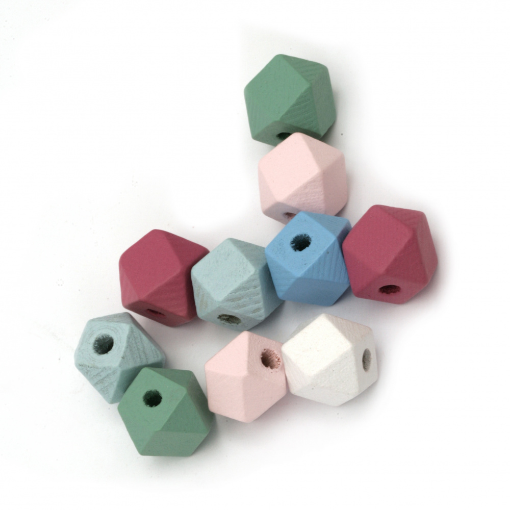 Wooden Polygon Bead, 12x12 mm, Hole: 3 mm, Mixed Pastel Colors -10 pieces